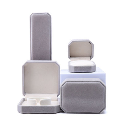 Élégant coffret à bijoux octogonal en velours gris fait à la main pour collier, boucles d'oreilles, bracelet, bague