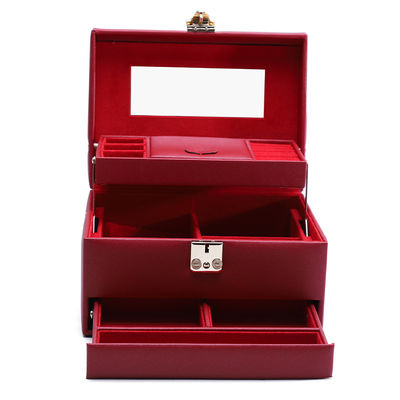Organiseur de bijoux en cuir en PU de grande capacité portable rouge avec miroir pour les voyages