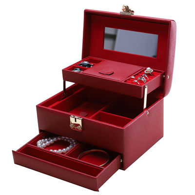 Organiseur de bijoux en cuir en PU de grande capacité portable rouge avec miroir pour les voyages