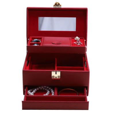 Organiseur de bijoux en cuir en PU de grande capacité portable rouge avec miroir pour les voyages