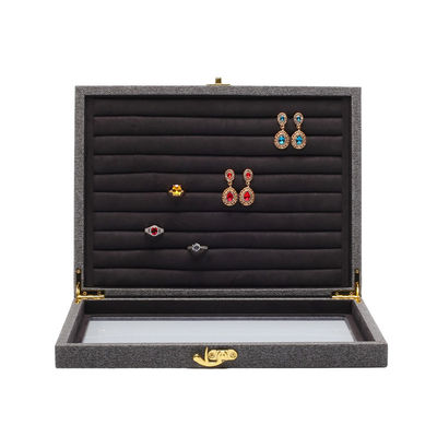 Boîte d'affichage de bijoux en cuir en PU ouverte à plusieurs compartiments avec miroir