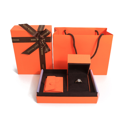 boîte cadeau de bijoux haut de gamme couvercle et papier orange de base Boîte à bijoux avec sac