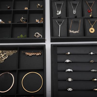 Plateaux à bijoux en cuir noir de luxe personnalisables OEM, présentoirs pour bagues, bracelets et colliers
