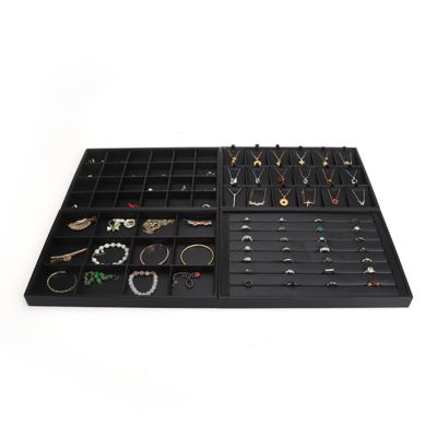 Plateaux à bijoux en cuir noir de luxe personnalisables OEM, présentoirs pour bagues, bracelets et colliers