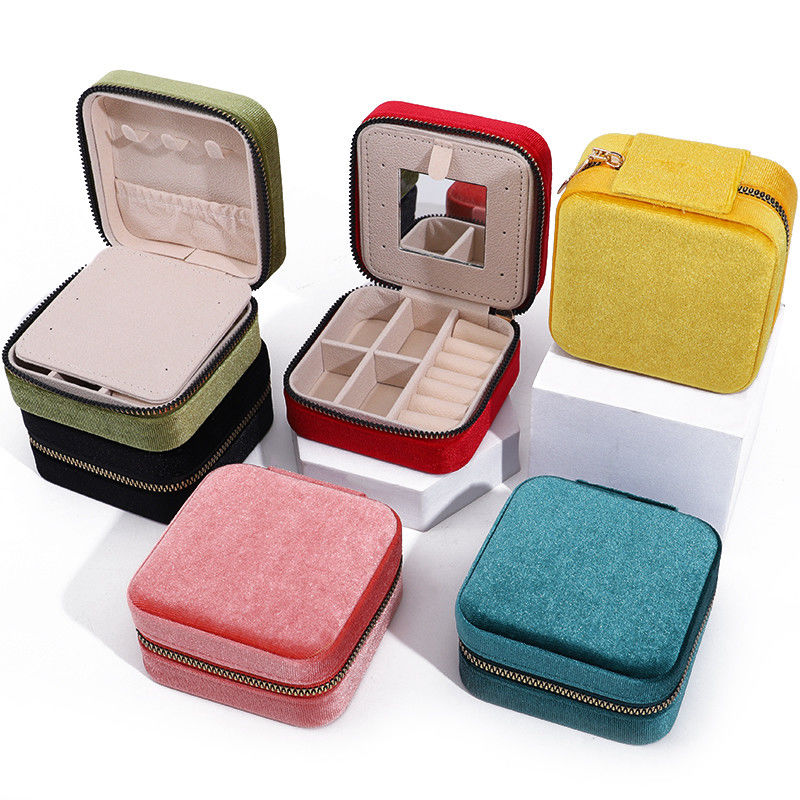 Logo personnalisé Boîtes de bijoux en velours Stockage de voyage pour boucles d'oreilles Collier Ring Mirror Box
