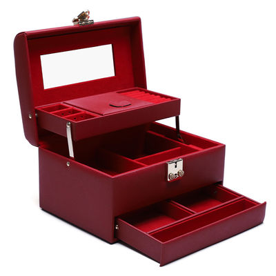 Organiseur de bijoux en cuir en PU de grande capacité portable rouge avec miroir pour les voyages